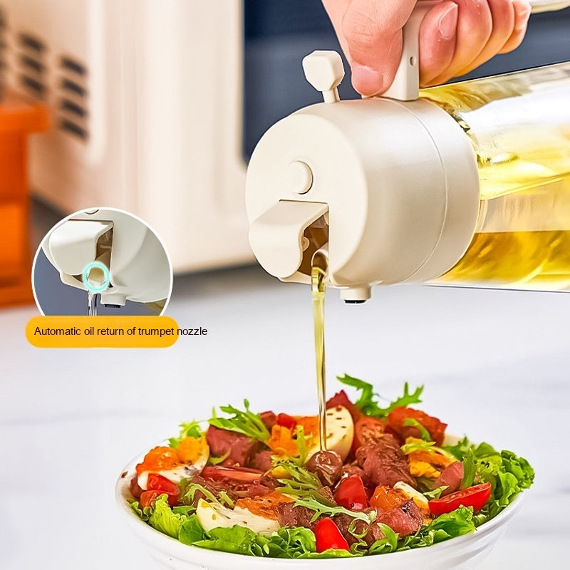 Beige oil sprayer dispenser with 3D pump nozzle, pouring oil onto food