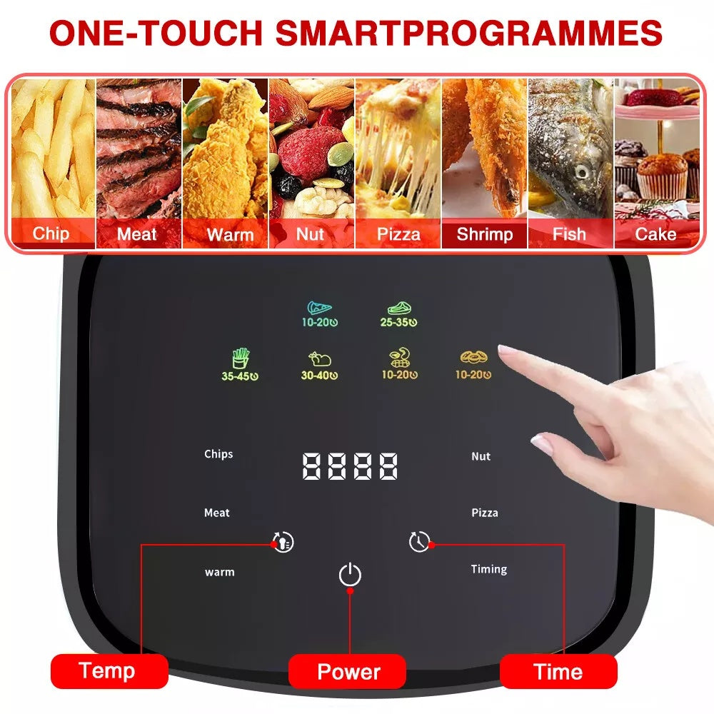 Black air fryer front touch control panel with power, time, and temp settings