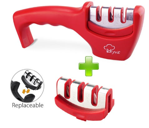 Red handheld knife sharpener with metal sharpening slots and replaceable head set