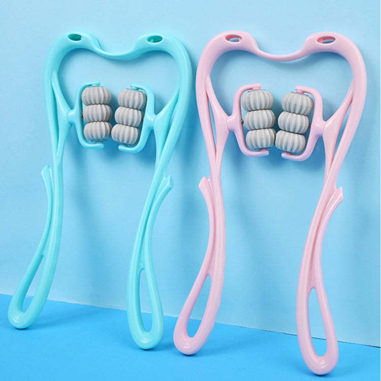 Set of blue and pink swan neck body massagers with roller heads