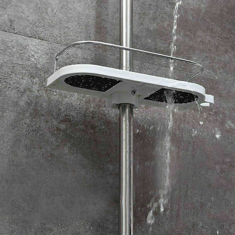 White shower shelf caddy with overhead holder and two black drainage pads