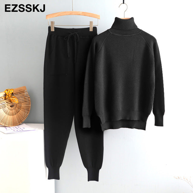 Black knitted turtleneck tracksuit top and jogger pants set with drawstring waist