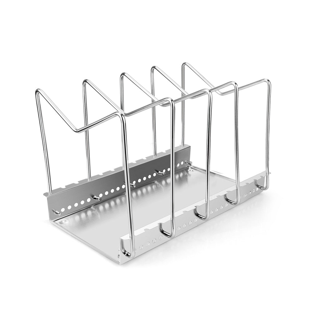 Silver kitchen storage rack with U-shaped vertical slots and wire base tray