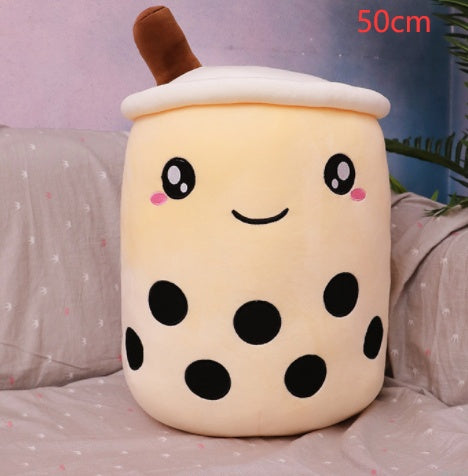 Soft plush bubble tea cup pillow, light cream, brown straw, smiling polka-dot face, 50 cm