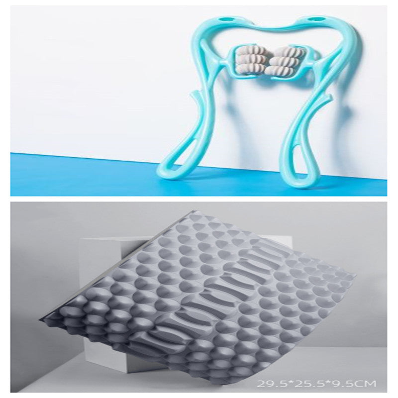 Blue swan neck body massager with multi-roller head inside the curved frame