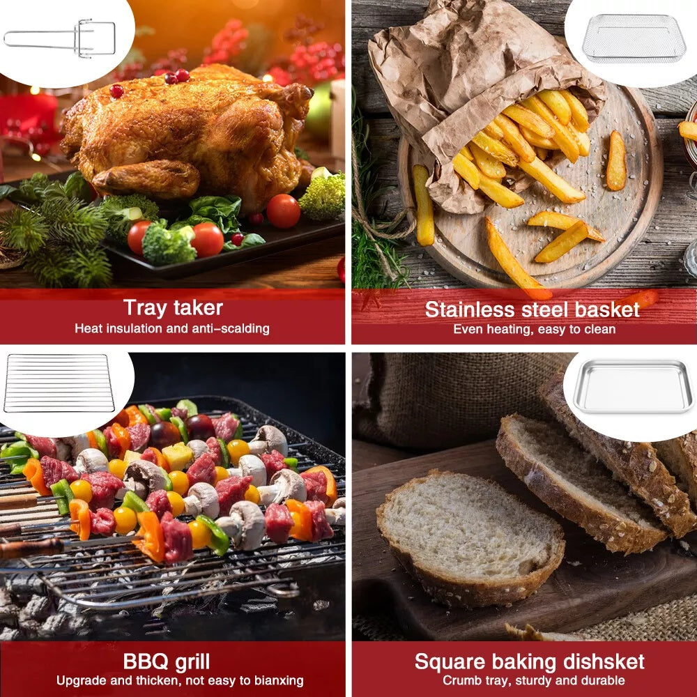 Black air fryer with included trays and basket for frying, baking, and grilling