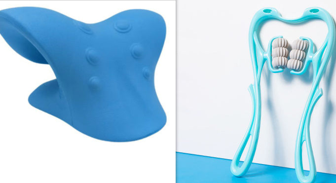 Blue swan-neck body massager with roller head and curved pressure pad
