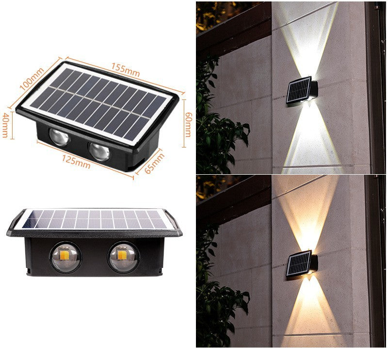 Solar wall light with rectangular solar panel and dual LED cool white beams