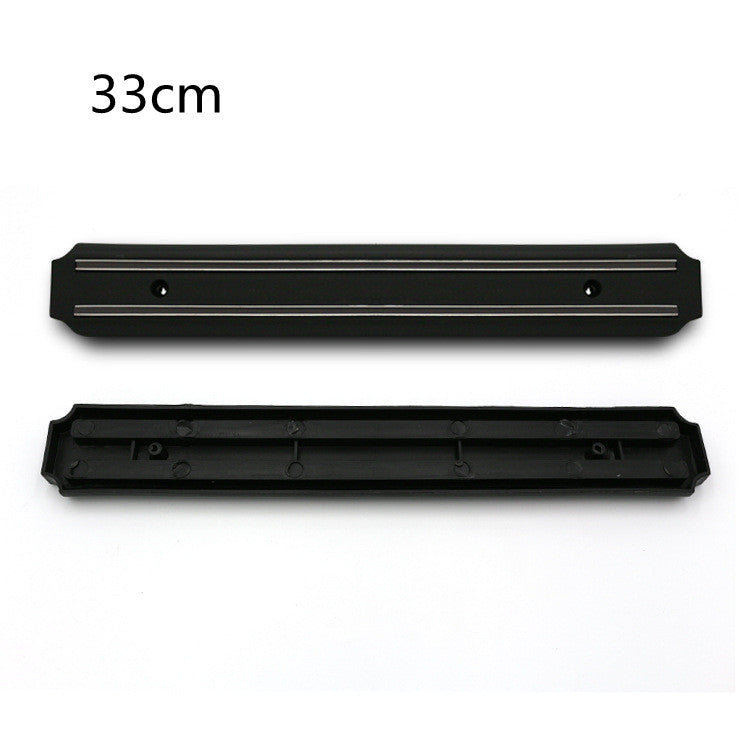 Black magnetic knife holder rail with matching base cover, two mounting holes (33cm).