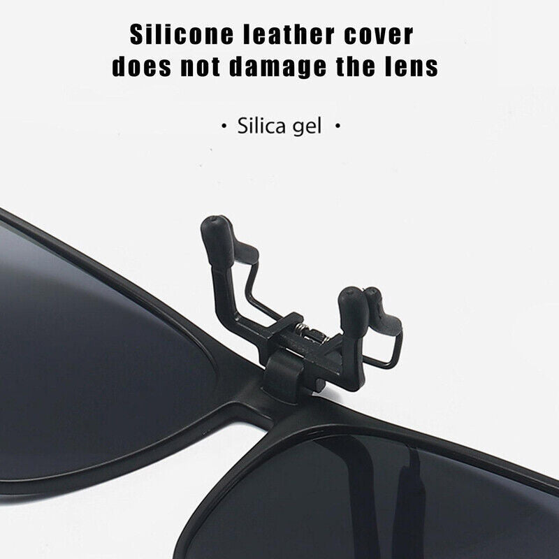 Black clip-on sunglasses close-up with hinge clip and silicone lens cover