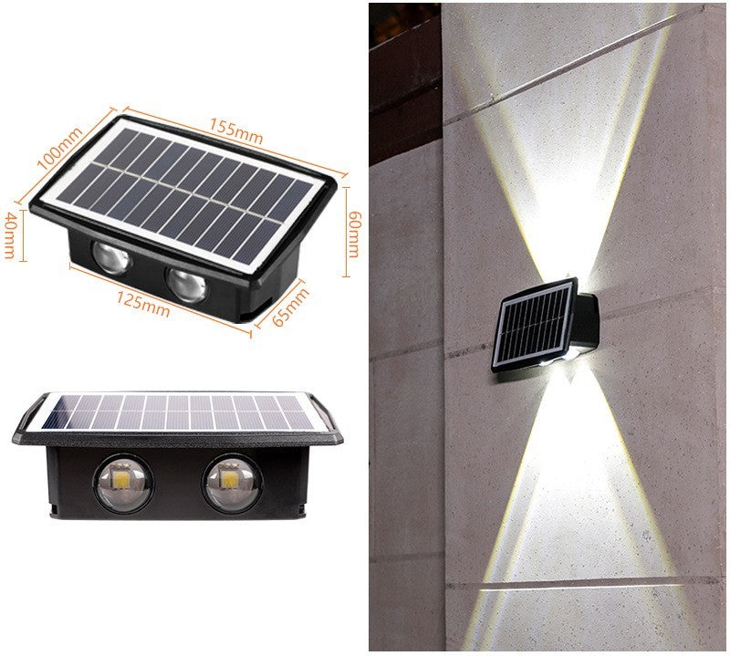 Solar wall light with rectangular solar panel and dual LED bright white beam