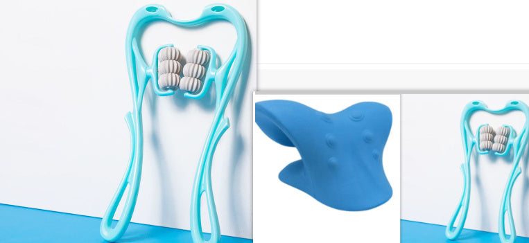 Blue swan-neck body massager set, showing roller head and curved back pad