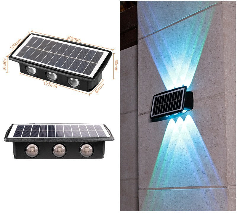 Solar wall light with rectangular solar panel and multi-LED cool white beam