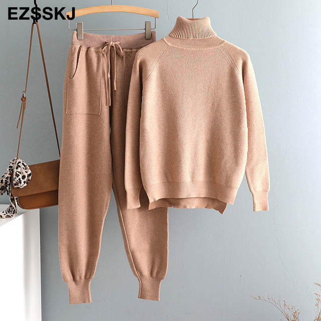 Beige knitted turtleneck tracksuit top and jogger pants set with drawstring waist
