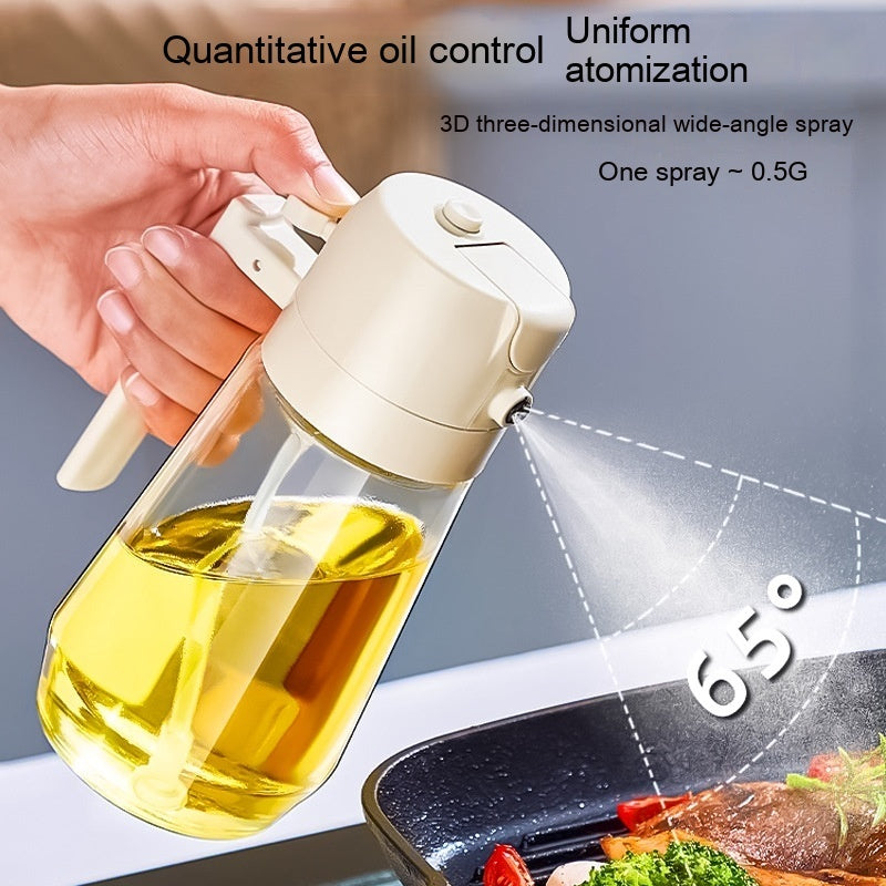 Cream oil sprayer dispenser producing wide-angle spray onto a frying pan