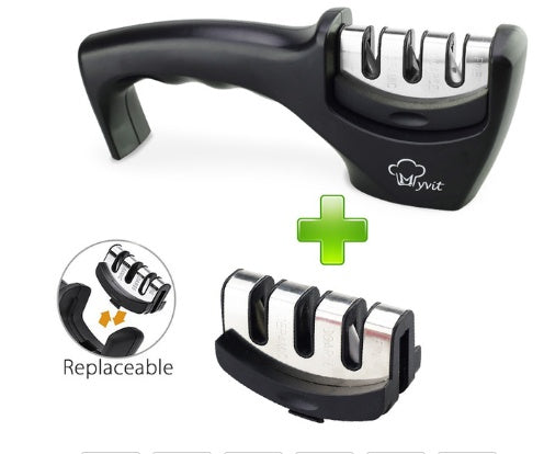 Black knife sharpener with replaceable grinder head, shown with extra unit
