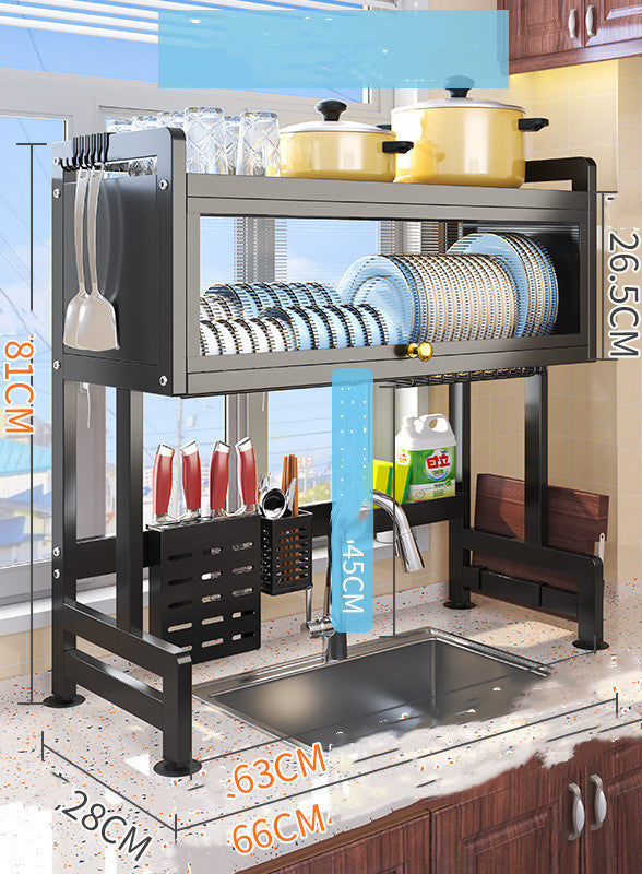 Kitchen sink storage rack with side tool hooks, utensil cups, and blue plates on shelves