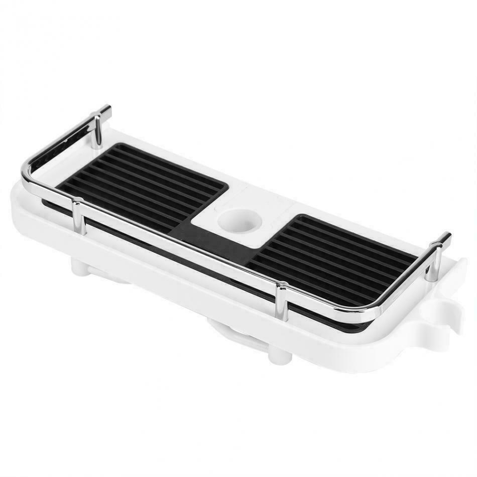 White shower shelf caddy with two black slatted trays and soap cup