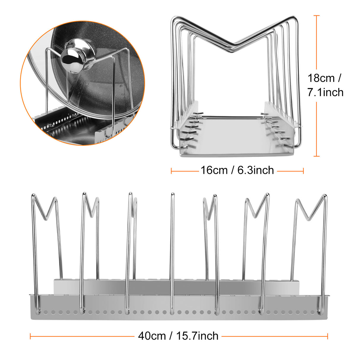 Silver kitchen storage rack with multiple vertical prongs and wide flat base