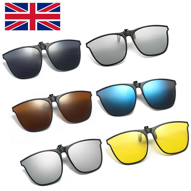 Clip-on sunglasses with mirrored lenses shown in multiple frame colors