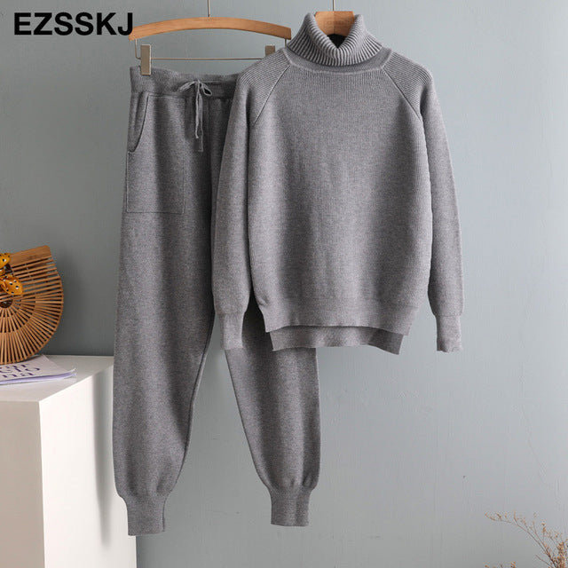 Pieces Set Women Knitted Tracksuit Turtleneck | REEVEAR Premium Streetwear