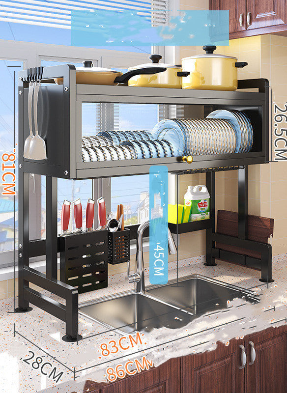 Kitchen sink storage rack with utensil cups and wire shelves holding blue stacked plates