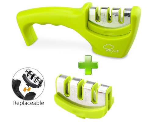 Bright green hand-held knife sharpener with replaceable sharpening inserts, 4 slots