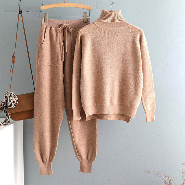 Beige knit turtleneck sweatshirt and matching jogger pants set with drawstring