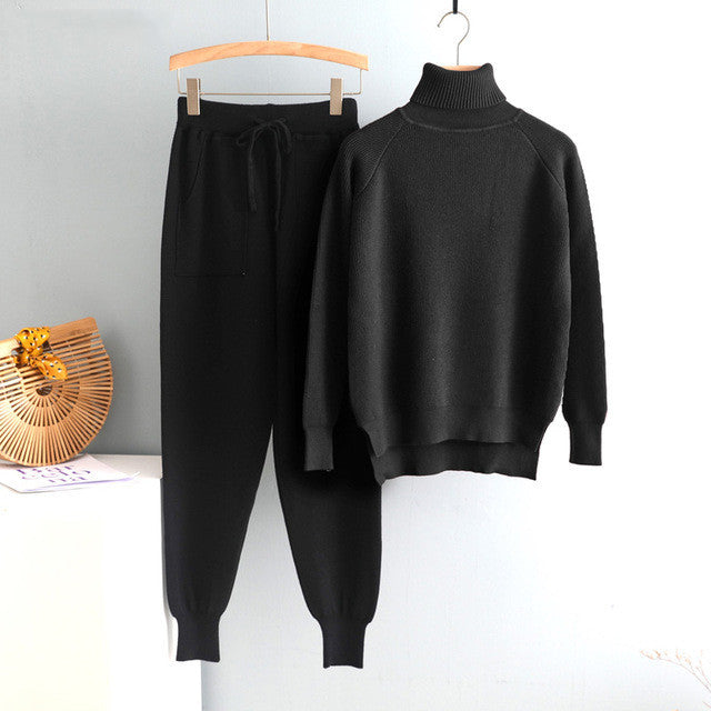 Black knitted turtleneck sweatshirt and jogger pants set with drawstring waist