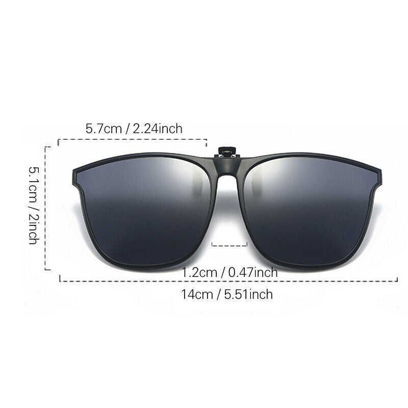 Black clip-on sunglasses, front view with size measurements shown