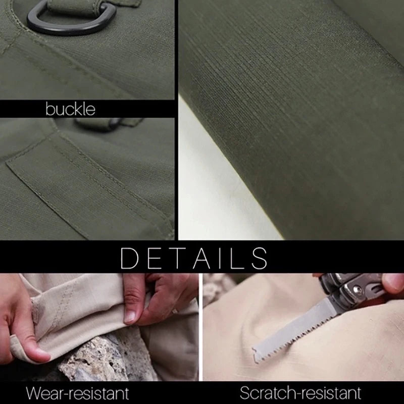 Olive cargo pants detail with buckle, stitched seams, and reinforced finish