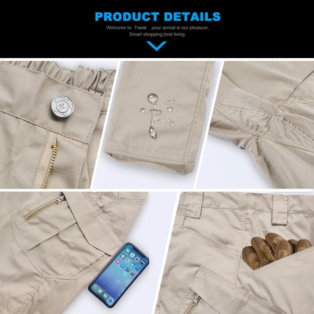 Khaki multi-pocket pants close-up showing button pocket and zip detail