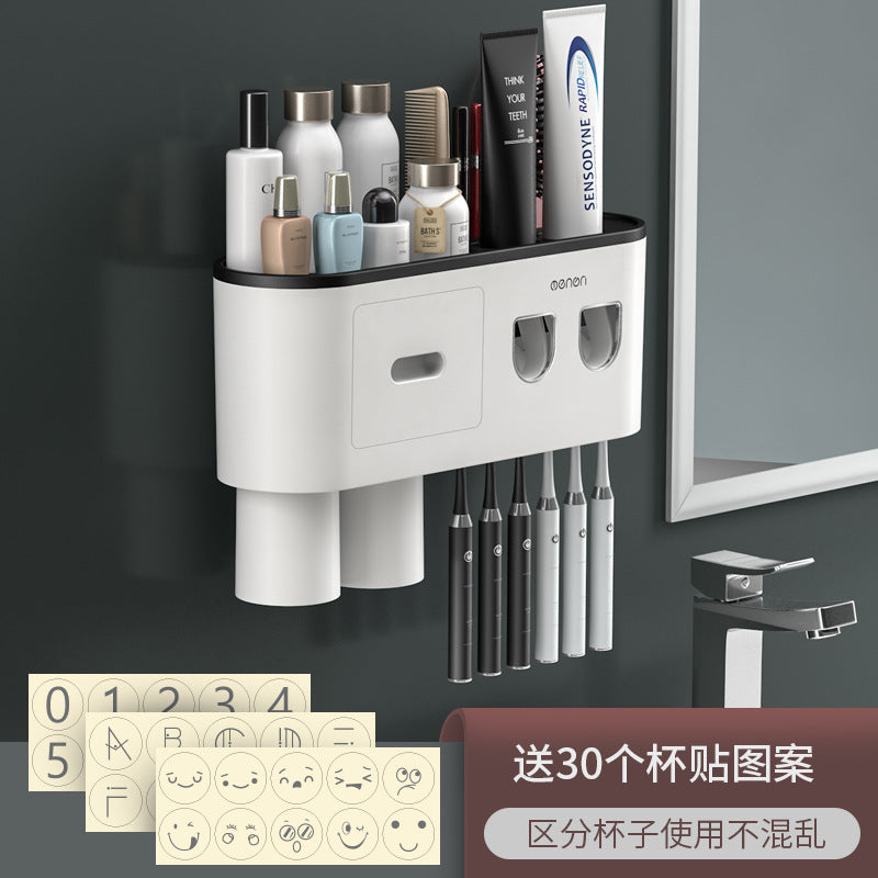 White wall-mounted toothbrush organizer with black cup base, drawer, multiple cup slots, and brush holders.