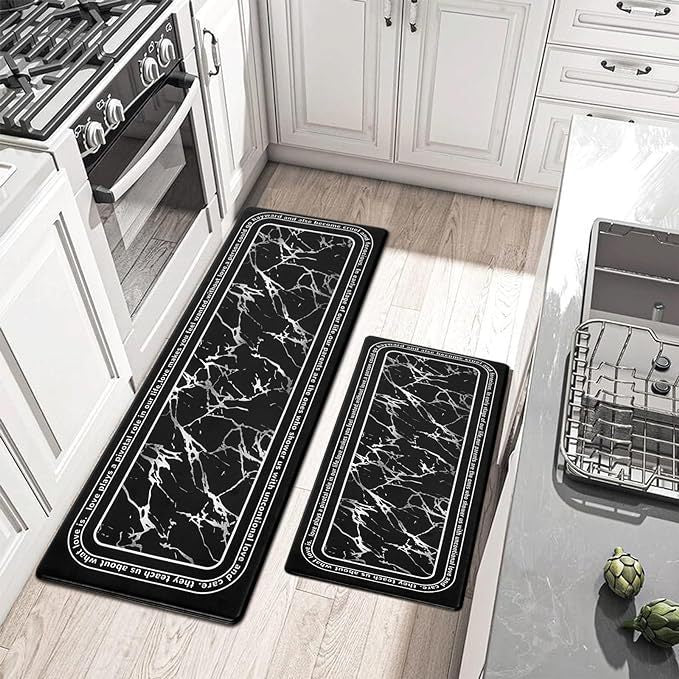 Kitchen floor mat set: two black marble-look runner mats with white veining, placed side-by-side