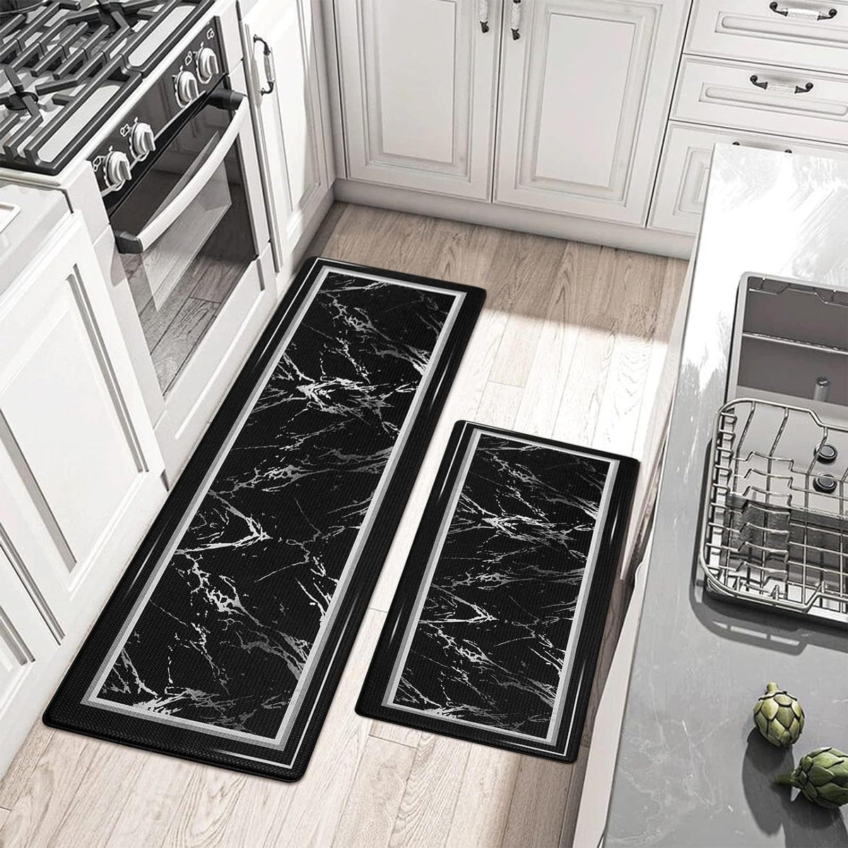 Kitchen floor mat set: two black marble-look runners with white veining, corner borders visible