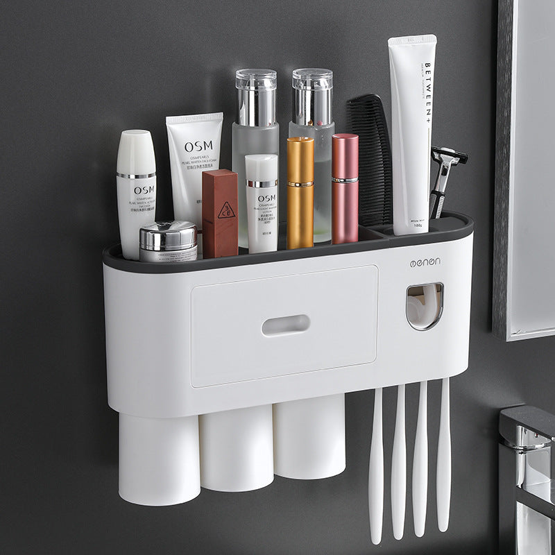White wall-mounted toothbrush holder with drawer and six slots for toothbrushes