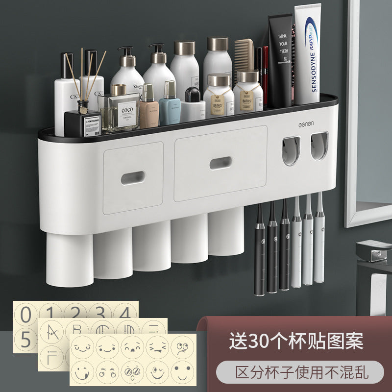 White toothbrush organizer with two drawer fronts and open slots for toothbrushes