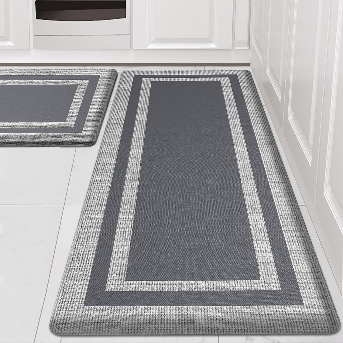 Kitchen floor mat set: two dark gray textured runners with white border stripe and framed center