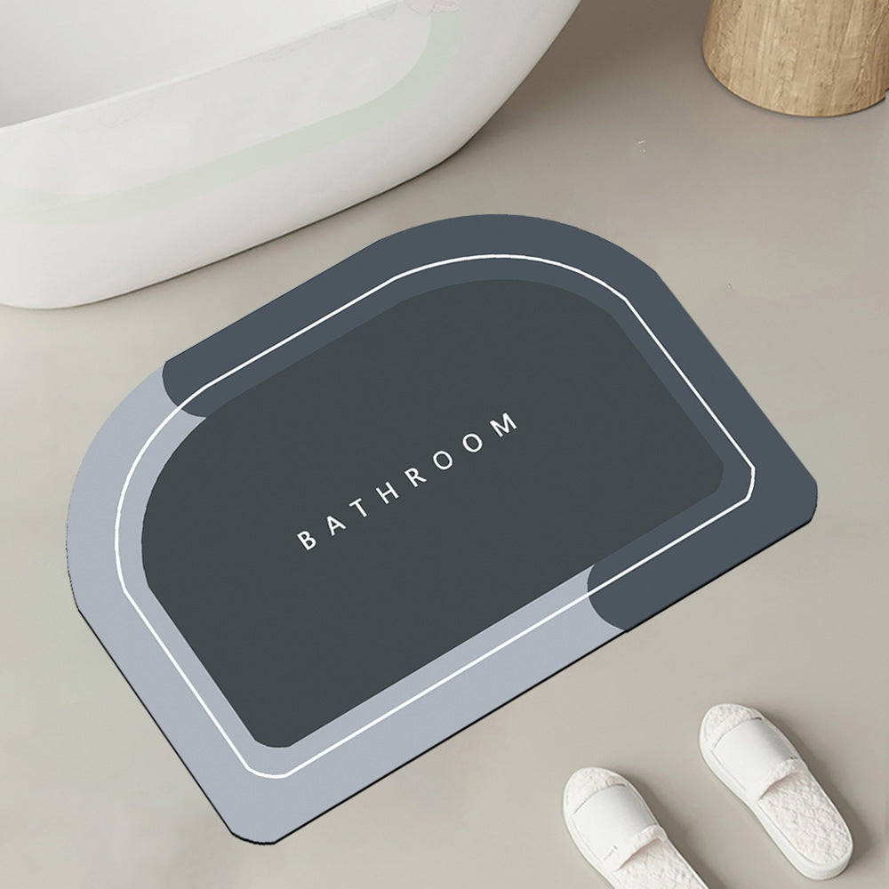 Quick-drying bathroom floor mat, blue-gray with white border outline and ���BATHROOM��� lettering