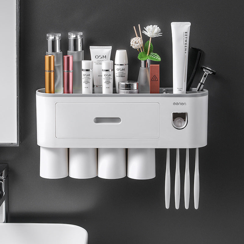 Wall-mounted white toothbrush holder with drawer and six slots for toothbrushes
