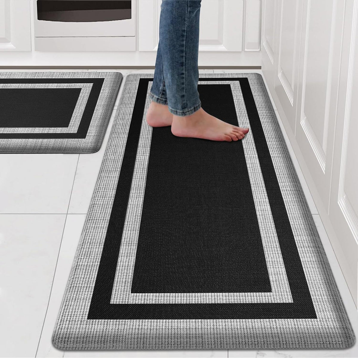 Gray and black kitchen floor mat runner set with textured grid border, non-slip