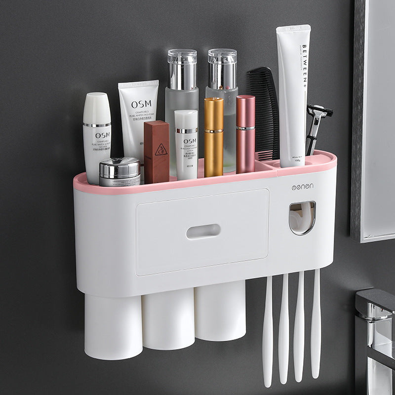 White toothbrush holder with drawer and six slots, shown with pink base insert