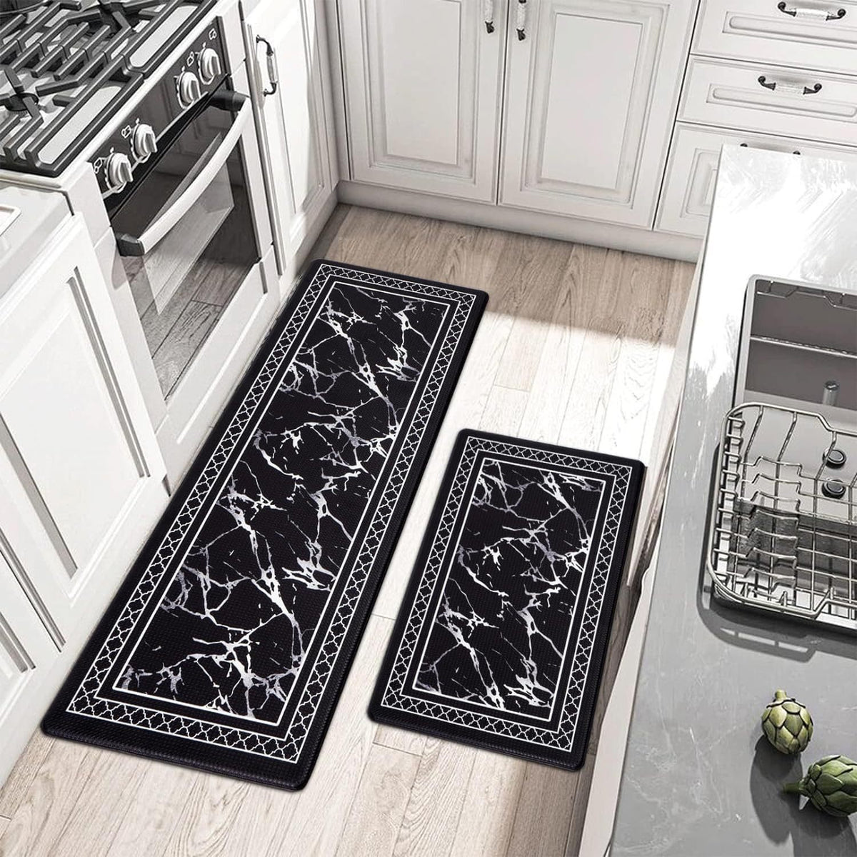 Black marble kitchen floor mat set of 2 with decorative frame trim