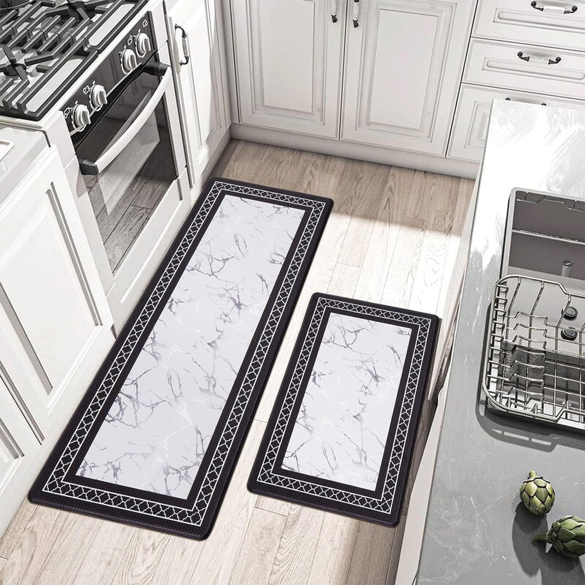 Kitchen floor mat set: two white marble-look runners with black border trim and corner details