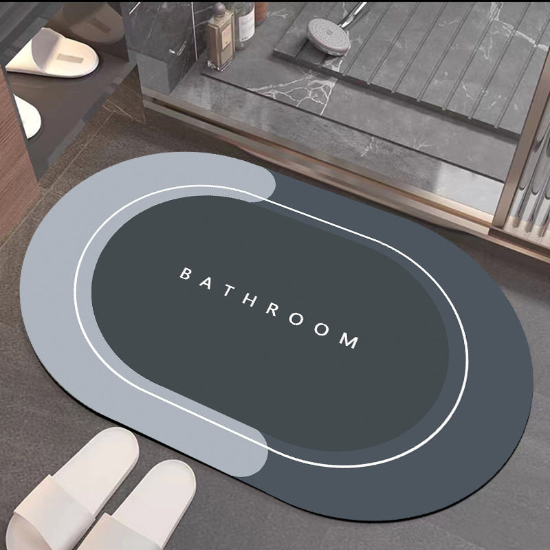 Quick-drying bathroom floor mat, medium gray with white border outline, oval center with ���BATHROOM���