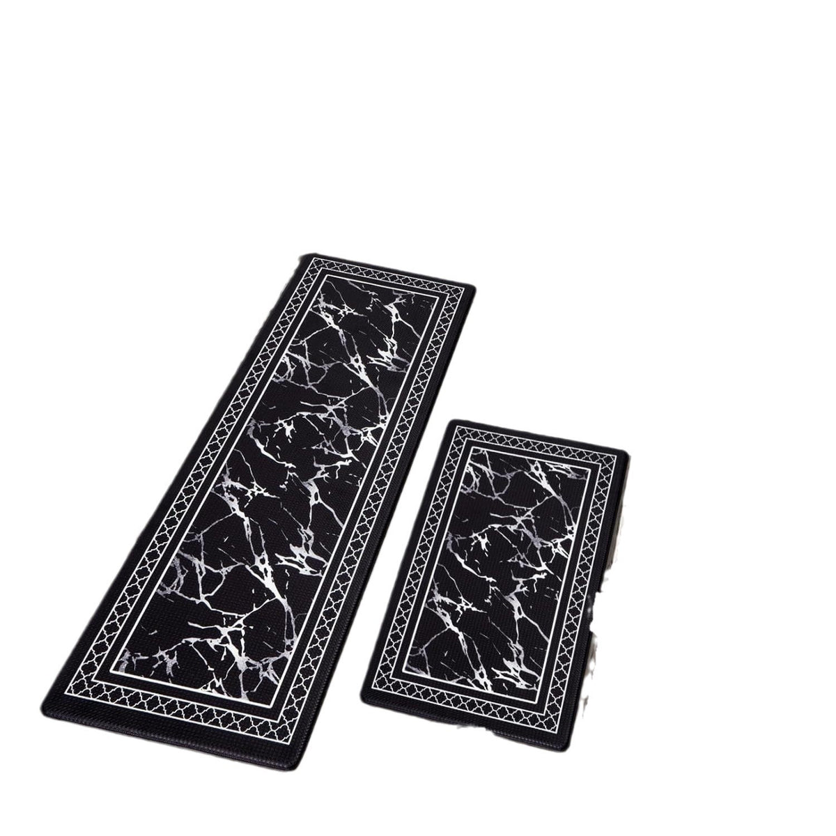 Kitchen floor mat set: two black marble-look runners with white veins, shown on white background
