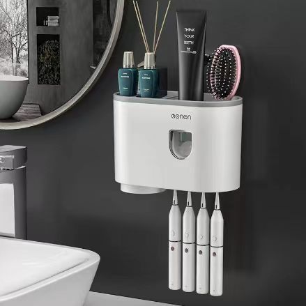 White toothbrush holder with drawer and six upright toothbrush slots on bathroom wall
