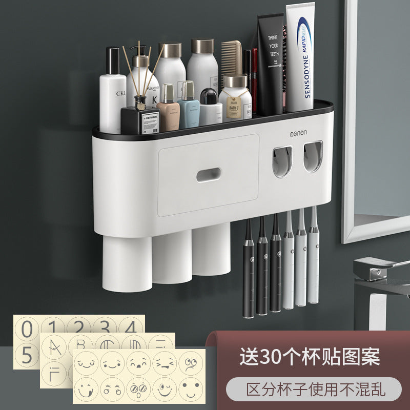 White toothbrush holder organizer with four toothbrush slots and storage cups