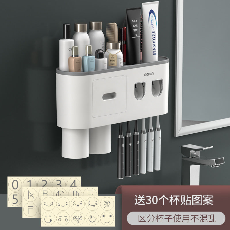 White wall-mount toothbrush organizer with cup slots and two front drawer panels
