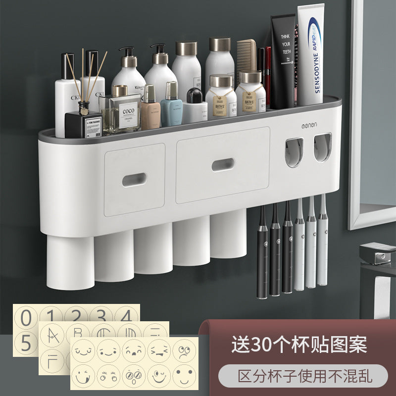 White wall toothbrush holder with multiple cup openings, brush slots, and two storage drawers